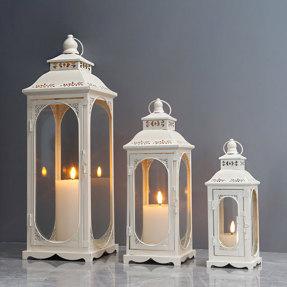 JHY design Set of 2 White Wood Decorative Candle Lanterns 21.5&14 High  Metal Lanterns for