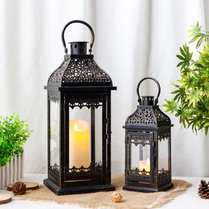 JHY DESIGN Set of 2 13''&19.5''H Decorative Candle Lanterns (Black with Gold Brush)