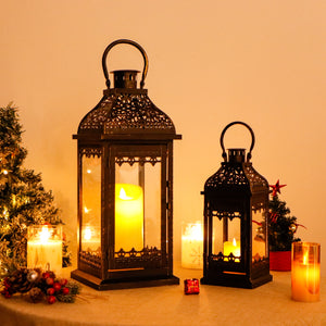 JHY DESIGN Set of 2 13''&19.5''H Decorative Candle Lanterns (Black with Gold Brush)