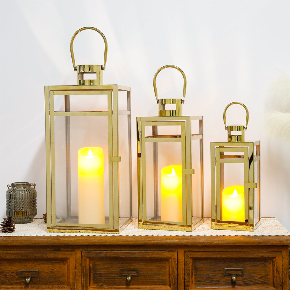 JHY Design 19 15 12 H Stainless Steel Metal Candle Lantern Candle Holder with Clear Glass Panels Set of 3 Gold