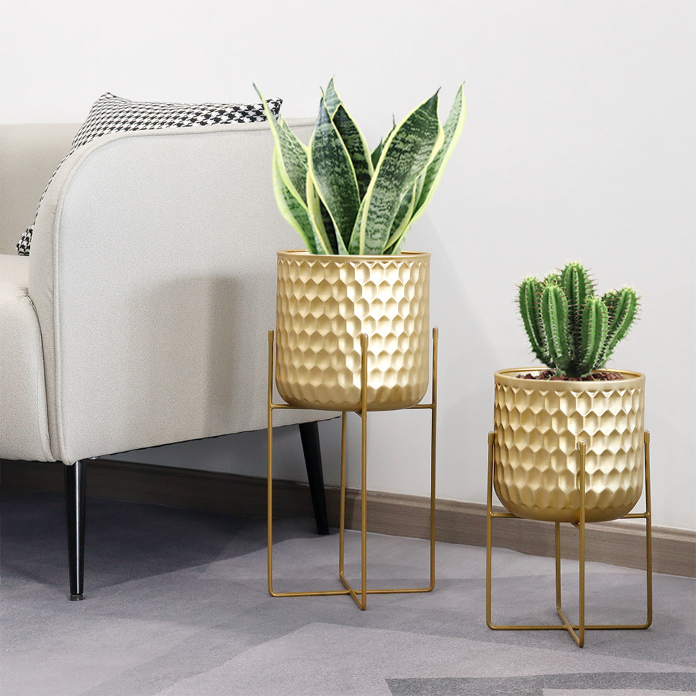 2 Set of 17&12 " Tall  Planters With Stand (Gold)