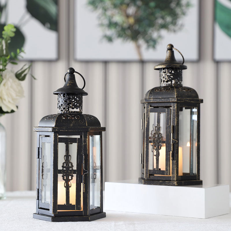 Set of 2 Decorative Lanterns -10 inch High Vintage Style Hanging Lantern  Metal Candleholder White with Gold Brush